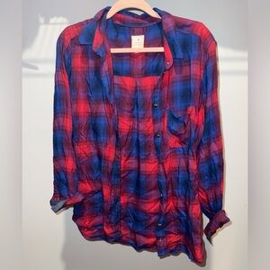 American Eagle Vintage Boyfriend Red and Blue Plaid Button-Up Shirt